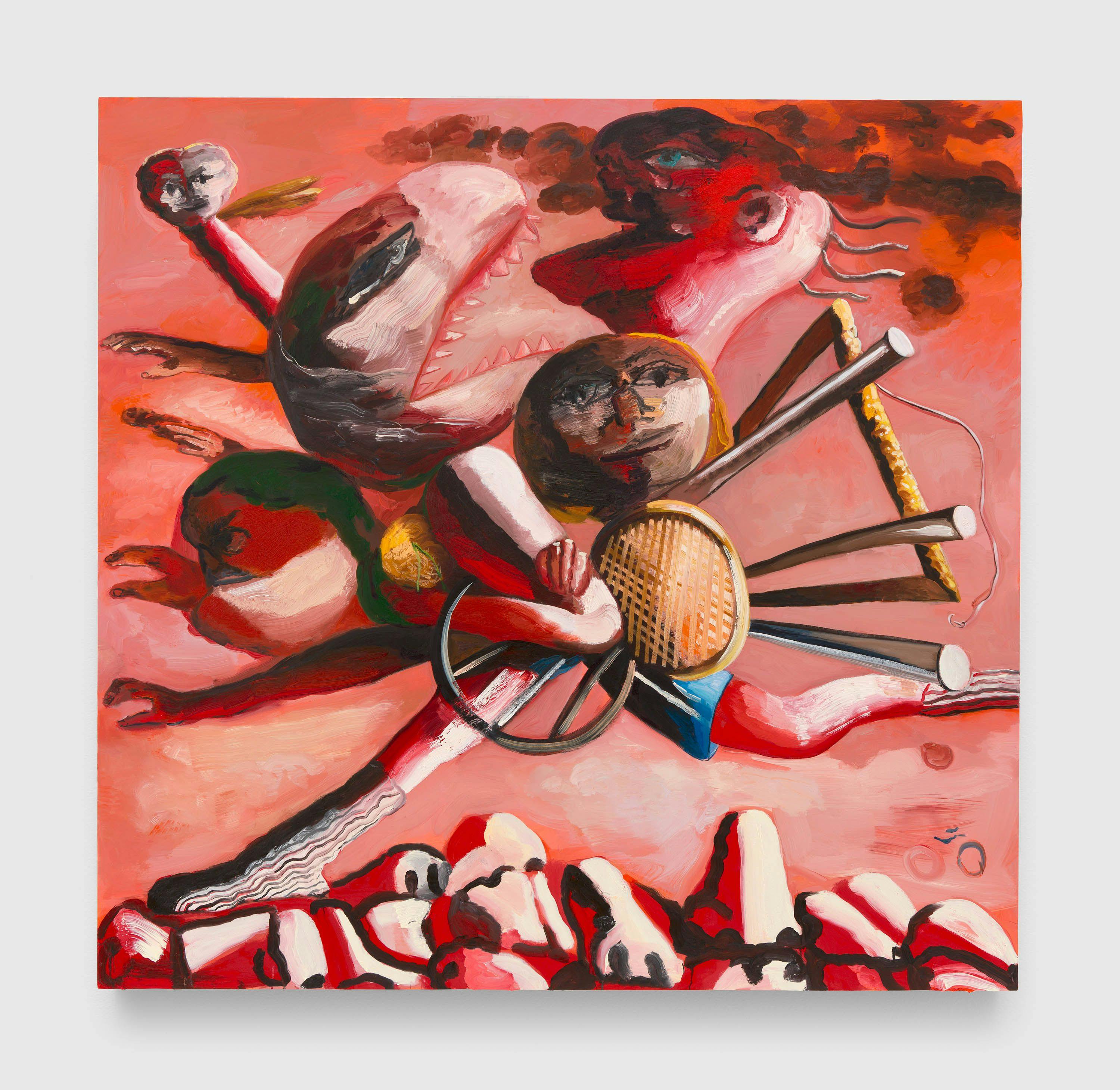 A painting by Dana Schutz, titled The Chase, dated 2023.